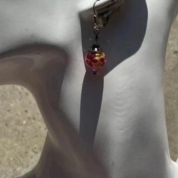 Vintage Sterling Silver Dangle Floral Beaded Pink Multicolor Flower Earrings - Picture 1 of 10